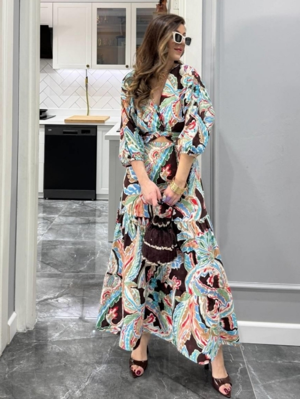 Zara Multicolor Floral Print Cut-Out Flounced Puff Sleeve Poplin Dress Size LG - Picture 5 of 14